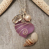 Hawaiian Sea Glass Jewelry, "Magical Color Changing" Wire Wrapped Purple Necklace Heart Necklace, Hibiscus Pearl Necklace Sea Glass Necklace