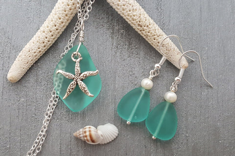 Hawaiian Jewelry Sea Glass Set, Aquamarine Necklace Earrings Jewelry Set, Pearl Starfish Jewelry Birthday Gift For Women (March Birthstone)