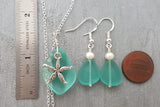 Hawaiian Jewelry Sea Glass Set, Aquamarine Necklace Earrings Jewelry Set, Pearl Starfish Jewelry Birthday Gift For Women (March Birthstone)