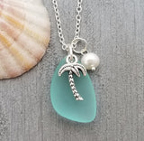 Hawaiian Jewelry Sea Glass Necklace, Aquamarine Necklace, Pearl Palm Tree Necklace, Sea Glass Jewelry, (March Birthstone Jewelry For Women)