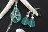 Hawaiian Jewelry Sea Glass Set, Aquamarine Necklace Earrings Jewelry Set, Pearl Starfish Jewelry Birthday Gift For Women (March Birthstone)