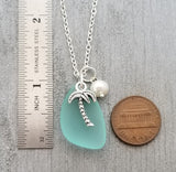Hawaiian Jewelry Sea Glass Necklace, Aquamarine Necklace, Pearl Palm Tree Necklace, Sea Glass Jewelry, (March Birthstone Jewelry For Women)