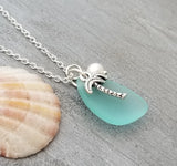 Hawaiian Jewelry Sea Glass Necklace, Aquamarine Necklace, Pearl Palm Tree Necklace, Sea Glass Jewelry, (March Birthstone Jewelry For Women)