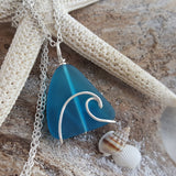 Hawaiian Jewelry Sea Glass Necklace, Wire Wave Necklace Teal Necklace, Unique Necklace Beach Jewelry For Her, Sea Glass Jewelry For Women