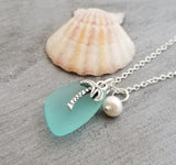 Hawaiian Jewelry Sea Glass Necklace, Aquamarine Necklace, Pearl Palm Tree Necklace, Sea Glass Jewelry, (March Birthstone Jewelry For Women)