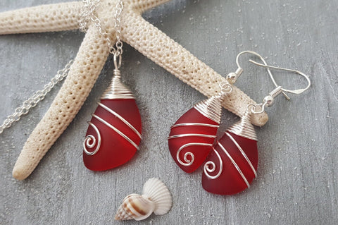 Hawaiian Jewelry Sea Glass Set, Top Wire Wrapped Red Necklace Earrings Jewelry Set, Sea Glass Jewelry Birthday Gift (January Birthstone)