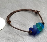 Updated Version - Hawaii leather cord unisex Quad "Blue Hawaii" sea glass bracelet and ankle bracelet, unisex jewelry for him or her