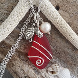 Hawaiian Jewelry Sea Glass Necklace, Wire Red Necklace Turtle Necklace Pearl Necklace, Sea Glass Jewelry Beach Jewelry(January Birthstone)