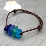 Updated Version - Hawaii leather cord unisex Quad "Blue Hawaii" sea glass bracelet and ankle bracelet, unisex jewelry for him or her