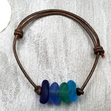 Updated Version - Hawaii leather cord unisex Quad "Blue Hawaii" sea glass bracelet and ankle bracelet, unisex jewelry for him or her