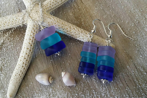 Handmade in Hawaii, Purple blue cobalt triple sea glass necklace + earrings jewelry set,  gift box