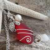 Hawaiian Jewelry Sea Glass Necklace, Wire Red Necklace Turtle Necklace Pearl Necklace, Sea Glass Jewelry Beach Jewelry(January Birthstone)
