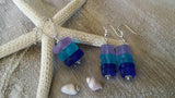 Handmade in Hawaii, Purple blue cobalt triple sea glass necklace + earrings jewelry set,  gift box