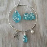Hawaiian Jewelry Set, Wire Wrapped Necklace Earrings Bracelet Sea Glass Set, Turquoise Blue Jewelry, Birthday Gift (December Birthstone)
