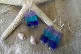 Handmade in Hawaii, Purple blue cobalt triple sea glass necklace + earrings jewelry set,  gift box