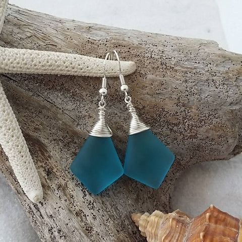 Made in Hawaii, Wire wrapped  blue sea glass earrings, gift wrapped, beach jewelry