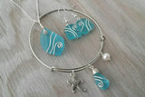 Hawaiian Jewelry Set, Wire Wrapped Necklace Earrings Bracelet Sea Glass Set, Turquoise Blue Jewelry, Birthday Gift (December Birthstone)