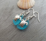Hawaiian Jewelry Sea Glass Earrings, Twin Turtle Earrings Turquoise Blue Earrings, Sea Glass Birthday Gift (December Birthstone)