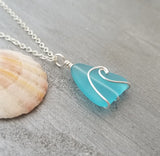 Handmade in Hawaii, wire wrapped ocean wave blue sea glass necklace, Sea glass jewelry, gift box