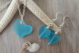 Handmade in Hawaii,"Full of Heart" sea glass necklace + earrings jewelry set,   gift box, Mother's Day gift