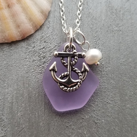 Handmade in Hawaii, "Magical Color Changing" purple sea glass necklace, anchor charm, Natural pearl, Hawaii Gift Wrapped, gift message