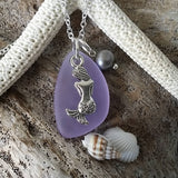 Handmade in Hawaii, "Magical Color Changing" purple sea glass necklace, Mermaid charm ,Natural pearl