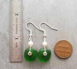 Hawaiian Jewelry Sea Glass Earrings, Light Weight Emerald Sea Glass Jewelry For Women Beach Jewelry Natural Pearl (May Birthstone Jewelry)