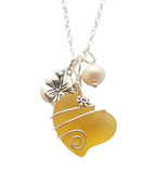 Hawaiian Jewelry Sea Glass Necklace, Wire Heart Necklace Yellow Necklace, Hibiscus Pearl Necklace, Beach Jewelry (November Birthstone)