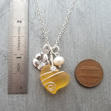 Hawaiian Jewelry Sea Glass Necklace, Wire Heart Necklace Yellow Necklace, Hibiscus Pearl Necklace, Beach Jewelry (November Birthstone)