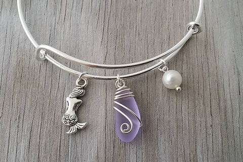 Handmade in Hawaii, wire wrapped "Magical Color Changing" Purple sea glass bracelet, Sea glass jewelry, Mermaid
