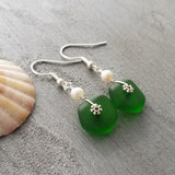 Hawaiian Jewelry Sea Glass Earrings, Light Weight Emerald Sea Glass Jewelry For Women Beach Jewelry Natural Pearl (May Birthstone Jewelry)