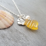 Hawaiian Jewelry Sea Glass Necklace, Wire Heart Necklace Yellow Necklace, Hibiscus Pearl Necklace, Beach Jewelry (November Birthstone)