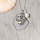 Handmade in Hawaii, "Magical Color Changing" purple sea glass necklace, anchor charm, Natural pearl, Hawaii Gift Wrapped, gift message
