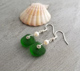 Hawaiian Jewelry Sea Glass Earrings, Light Weight Emerald Sea Glass Jewelry For Women Beach Jewelry Natural Pearl (May Birthstone Jewelry)