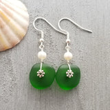 Hawaiian Jewelry Sea Glass Earrings, Light Weight Emerald Sea Glass Jewelry For Women Beach Jewelry Natural Pearl (May Birthstone Jewelry)