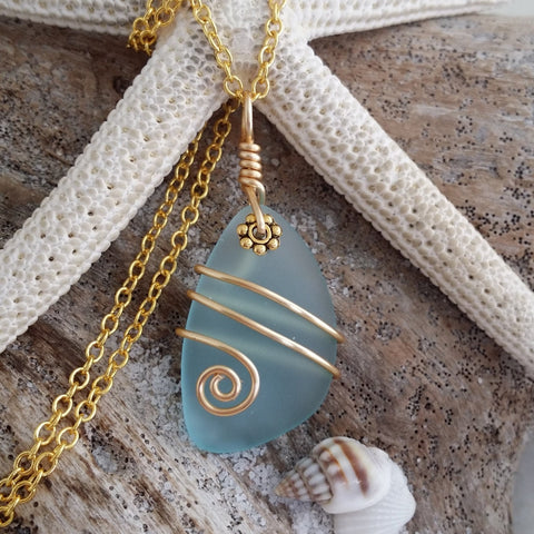 Handmade in Hawaii, Wire wrapped Turquoise Bay blue sea glass necklace, Gold plated chain, Hawaiian  jewelry.Sea glass jewelry.