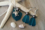 Hawaiian Jewelry Sea Glass Set, Teal Turtle Necklace Earrings Jewelry Set, Beachy Sea Glass Jewelry For Women Unique Jewelry Set