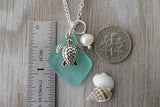 Hawaiian Jewelry Sea Glass Necklace, Aquamarine Necklace, Turtle Necklace Pearl Necklace, Ocean Beach Jewelry (March Birthstone Jewelry)