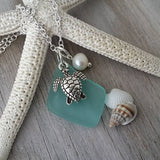 Hawaiian Jewelry Sea Glass Necklace, Aquamarine Necklace, Turtle Necklace Pearl Necklace, Ocean Beach Jewelry (March Birthstone Jewelry)