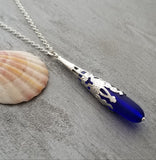 Hawaiian Jewelry Sea Glass Necklace, Cobalt Blue Necklace Long Teardrop Necklace, Beach Jewelry Birthday Gifts(September Birthstone Jewelry)