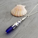 Hawaiian Jewelry Sea Glass Necklace, Cobalt Blue Necklace Long Teardrop Necklace, Beach Jewelry Birthday Gifts(September Birthstone Jewelry)