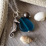 Hawaiian Jewelry Sea Glass Necklace, Teal Necklace Natural Pearl Seahorse Necklace Unique Necklace Beach Jewelry Sea Glass Jewelry For Women