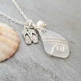 Hawaiian Jewelry Sea Glass Necklace, Wire Moonstone Necklace, Island-Lifestyle Flip Flop Pearl Necklace, Beach Jewelry(June Birthstone Gift)