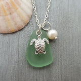 Hawaiian Jewelry Sea Glass Necklace, Peridot Green Necklace Turtle Necklace, Sea Glass Jewelry For Women Beachy Girls (August Birthstone)