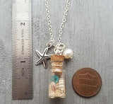 Handmade in Hawaii, sea glass "wish bottle" necklace, starfish charm, Natural pearl,