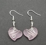 Hawaiian Jewelry Sea Glass Earrings, Wire Twin Heart Earrings Pink Earrings, Beach Jewelry (October Birthstone Jewelry)