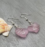 Hawaiian Jewelry Sea Glass Earrings, Wire Twin Heart Earrings Pink Earrings, Beach Jewelry (October Birthstone Jewelry)
