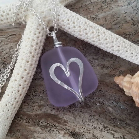 Handmade in Hawaii, hammered heart purple sea glass beach necklace, gift box, mother's day gift