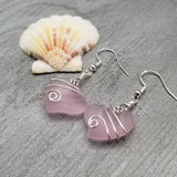 Hawaiian Jewelry Sea Glass Earrings, Wire Twin Heart Earrings Pink Earrings, Beach Jewelry (October Birthstone Jewelry)