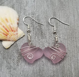 Hawaiian Jewelry Sea Glass Earrings, Wire Twin Heart Earrings Pink Earrings, Beach Jewelry (October Birthstone Jewelry)